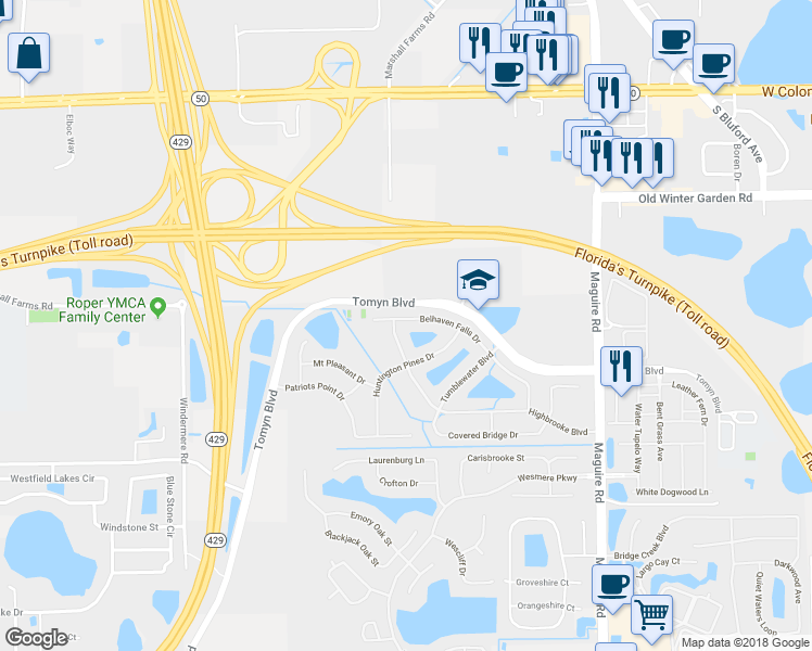 map of restaurants, bars, coffee shops, grocery stores, and more near 576 Belhaven Falls Drive in Ocoee