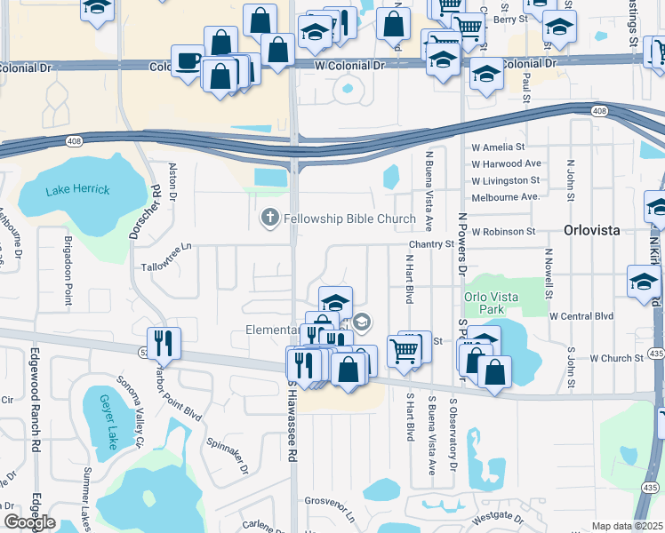 map of restaurants, bars, coffee shops, grocery stores, and more near 6622 Chantry St in Orlando