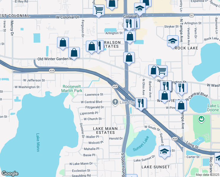 map of restaurants, bars, coffee shops, grocery stores, and more near 150 North Cottage Hill Road in Orlando