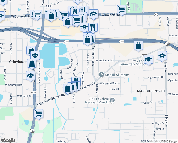 map of restaurants, bars, coffee shops, grocery stores, and more near 101 West Washington Street in Orlovista