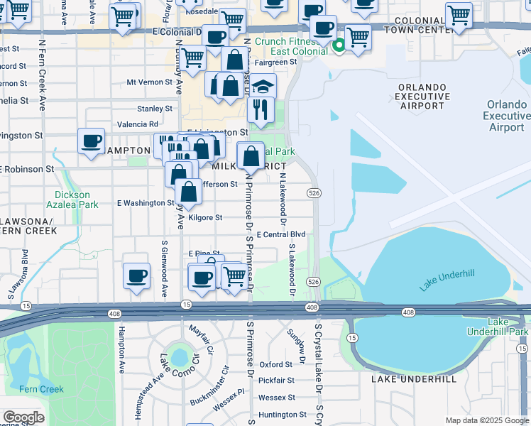 map of restaurants, bars, coffee shops, grocery stores, and more near 2907 Kilgore Street in Orlando