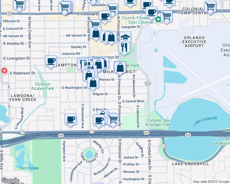 map of restaurants, bars, coffee shops, grocery stores, and more near in Orlando