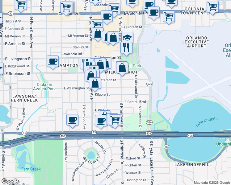 map of restaurants, bars, coffee shops, grocery stores, and more near in Orlando