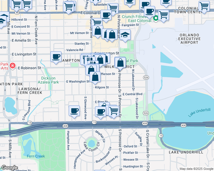 map of restaurants, bars, coffee shops, grocery stores, and more near 2605 Kilgore Street in Orlando