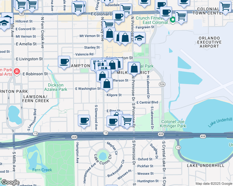 map of restaurants, bars, coffee shops, grocery stores, and more near 2605 Kilgore Street in Orlando