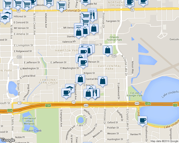 map of restaurants, bars, coffee shops, grocery stores, and more near 2417 Kilgore Street in Orlando