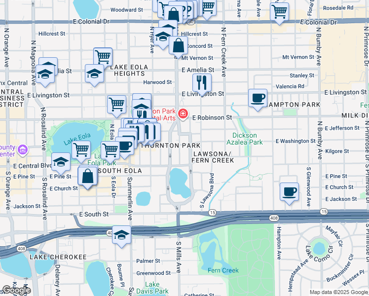 map of restaurants, bars, coffee shops, grocery stores, and more near 33 North Brown Avenue in Orlando