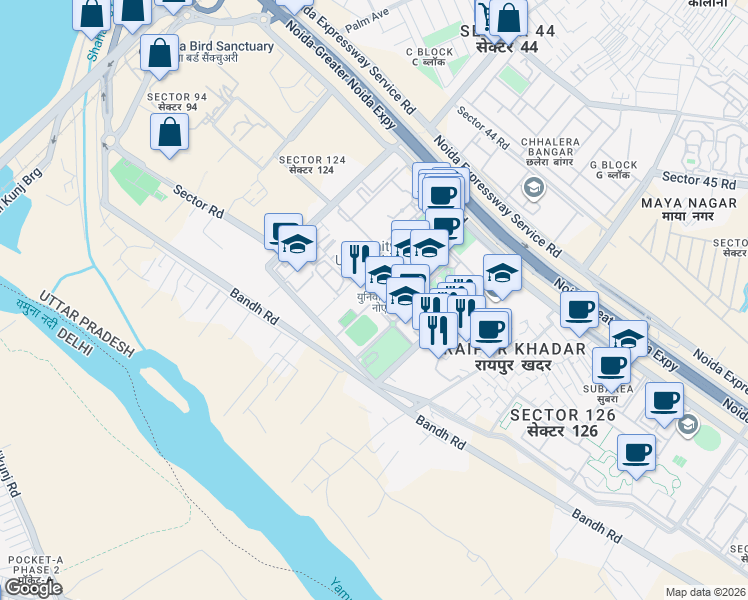 map of restaurants, bars, coffee shops, grocery stores, and more near in Noida