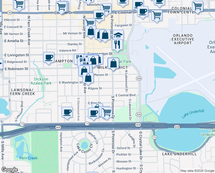 map of restaurants, bars, coffee shops, grocery stores, and more near 781 Maguire Boulevard in Orlando