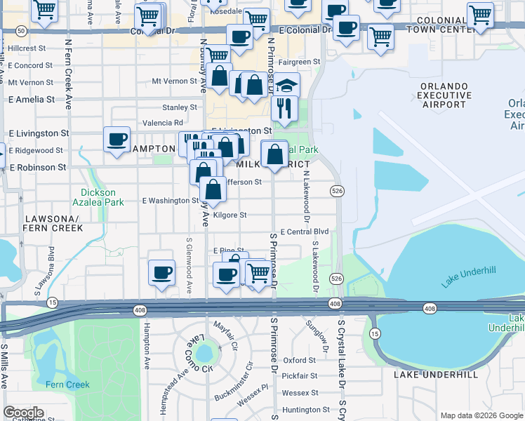 map of restaurants, bars, coffee shops, grocery stores, and more near in Orlando