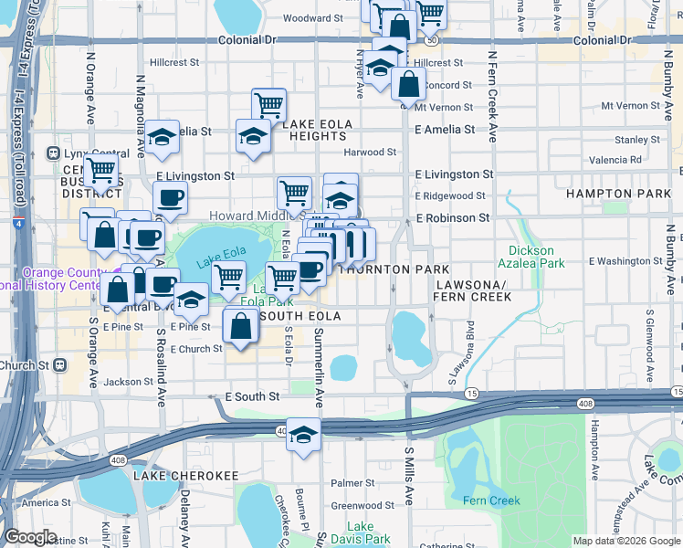map of restaurants, bars, coffee shops, grocery stores, and more near 37 Hill Avenue in Orlando