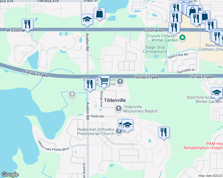 map of restaurants, bars, coffee shops, grocery stores, and more near 14831 Coscester Street in Winter Garden