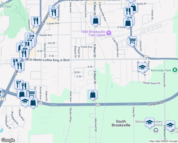 map of restaurants, bars, coffee shops, grocery stores, and more near 34 Shady Oak Villa Circle in Brooksville