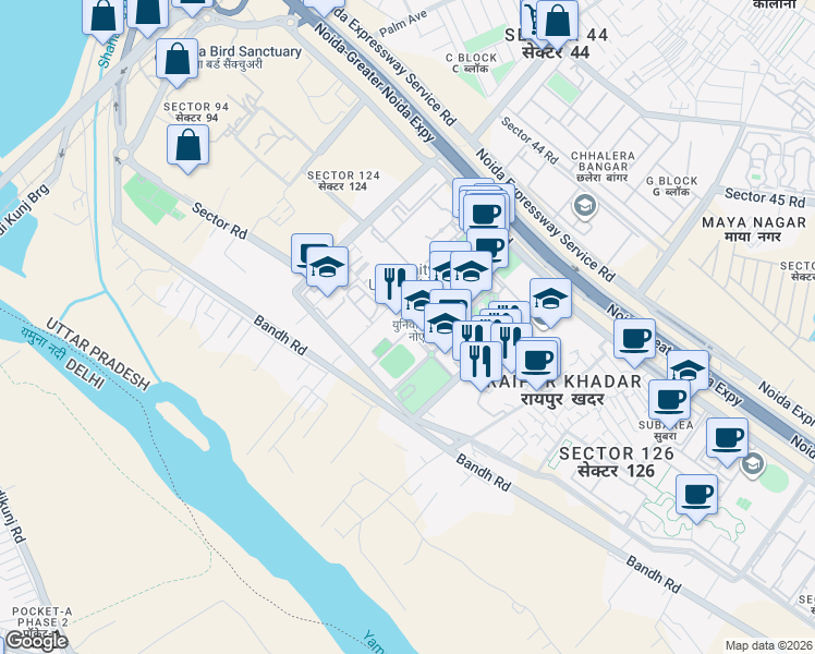 map of restaurants, bars, coffee shops, grocery stores, and more near in Noida