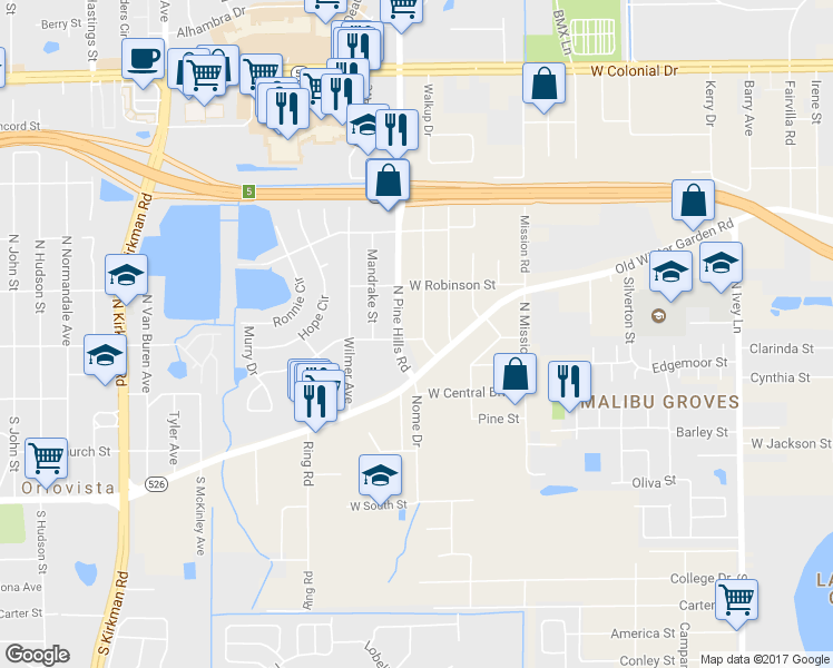 map of restaurants, bars, coffee shops, grocery stores, and more near 100 Pearlwood Street in Orlando