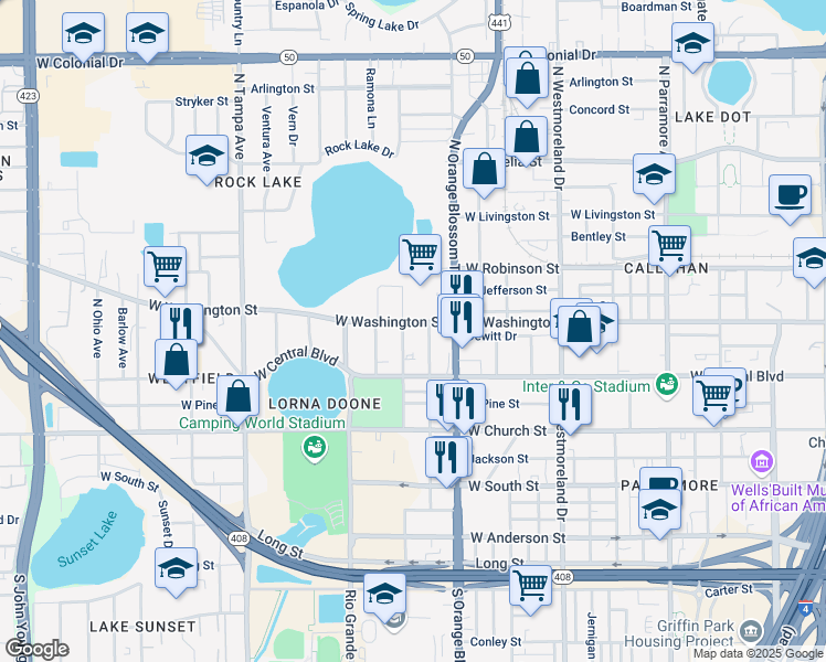map of restaurants, bars, coffee shops, grocery stores, and more near 1342 West Washington Street in Orlando