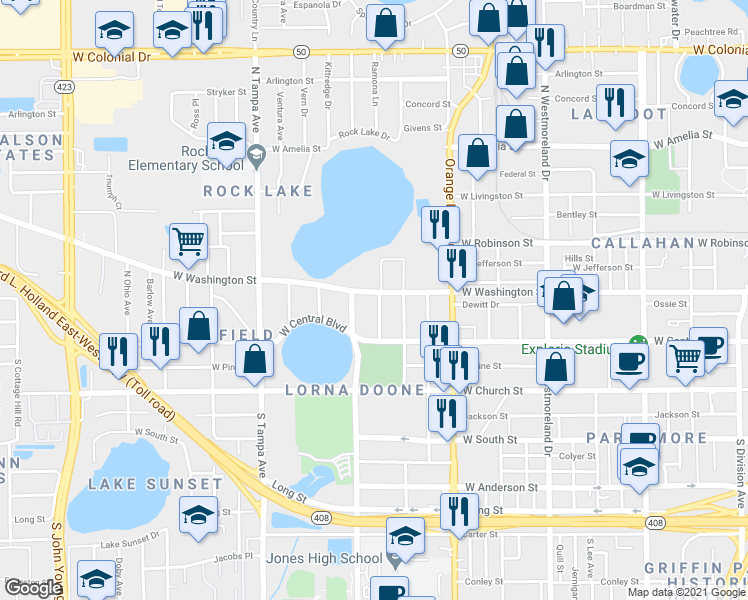 map of restaurants, bars, coffee shops, grocery stores, and more near 1500 West Washington Street in Orlando