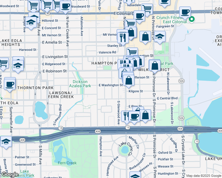 map of restaurants, bars, coffee shops, grocery stores, and more near 36 North Hillside Avenue in Orlando