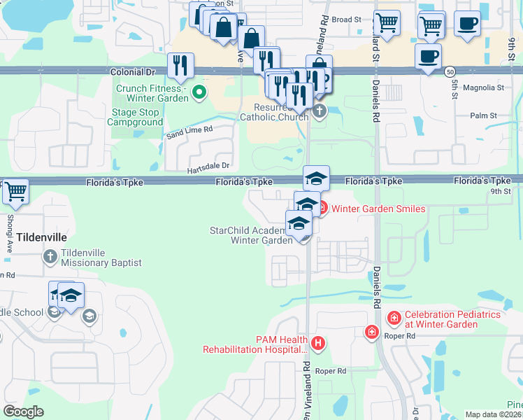 map of restaurants, bars, coffee shops, grocery stores, and more near 317 Southern Pecan Circle in Winter Garden