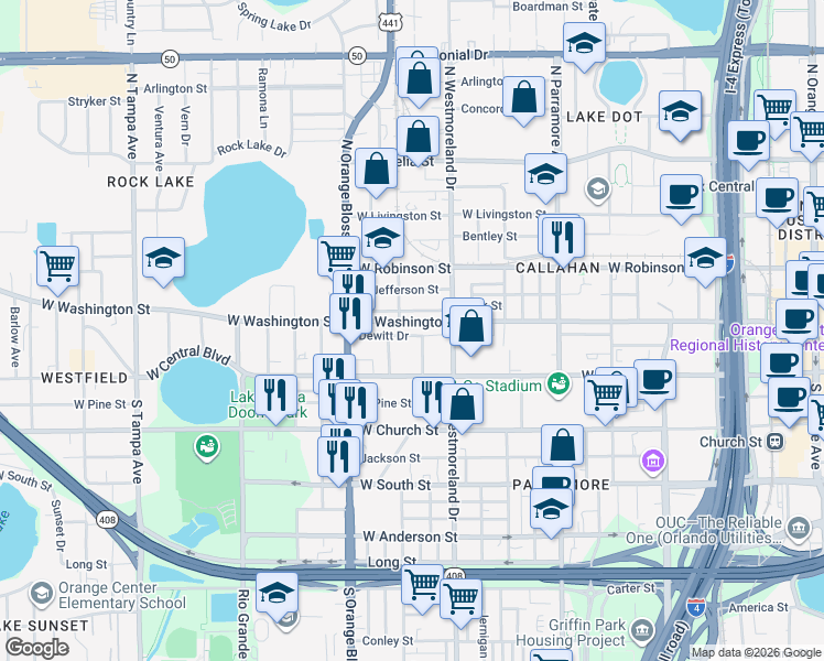 map of restaurants, bars, coffee shops, grocery stores, and more near 1103 Dewitt Drive in Orlando