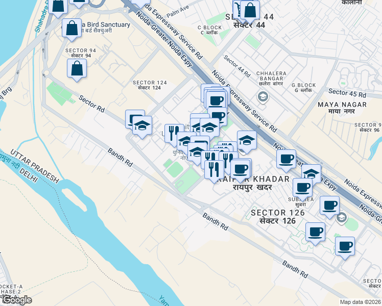 map of restaurants, bars, coffee shops, grocery stores, and more near Unnamed Road in Noida