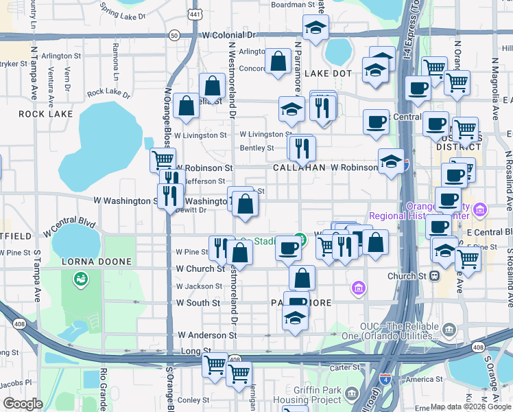map of restaurants, bars, coffee shops, grocery stores, and more near 826 West Washington Street in Orlando
