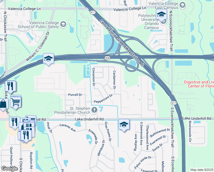 map of restaurants, bars, coffee shops, grocery stores, and more near 59 Wintergreen Way in Orlando
