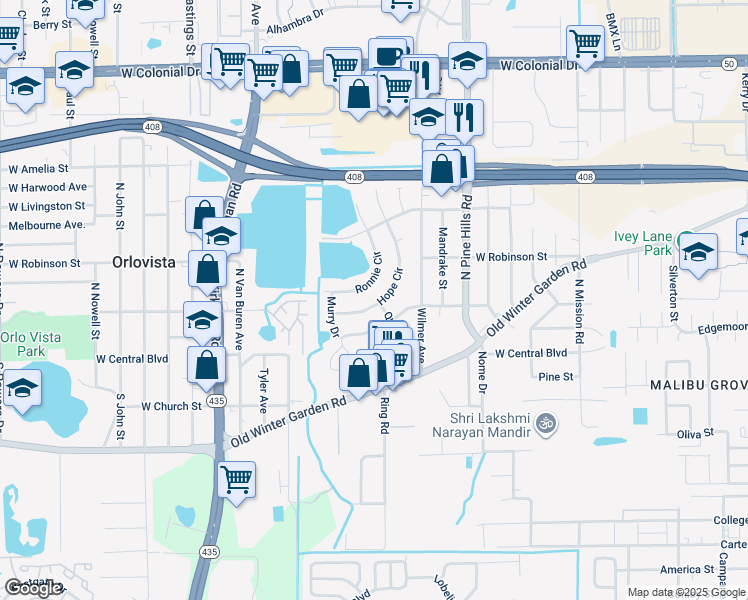 map of restaurants, bars, coffee shops, grocery stores, and more near 129 Hope Circle in Orlando