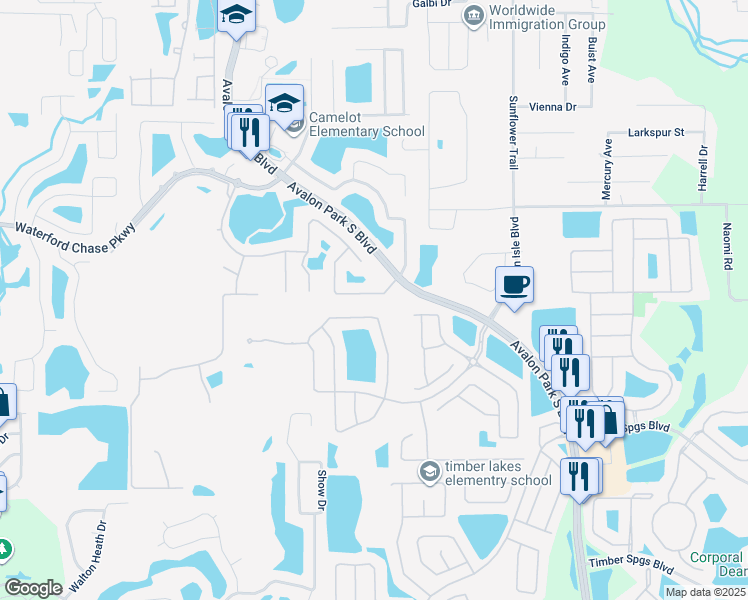 map of restaurants, bars, coffee shops, grocery stores, and more near 15168 Moultrie Pointe Road in Orlando