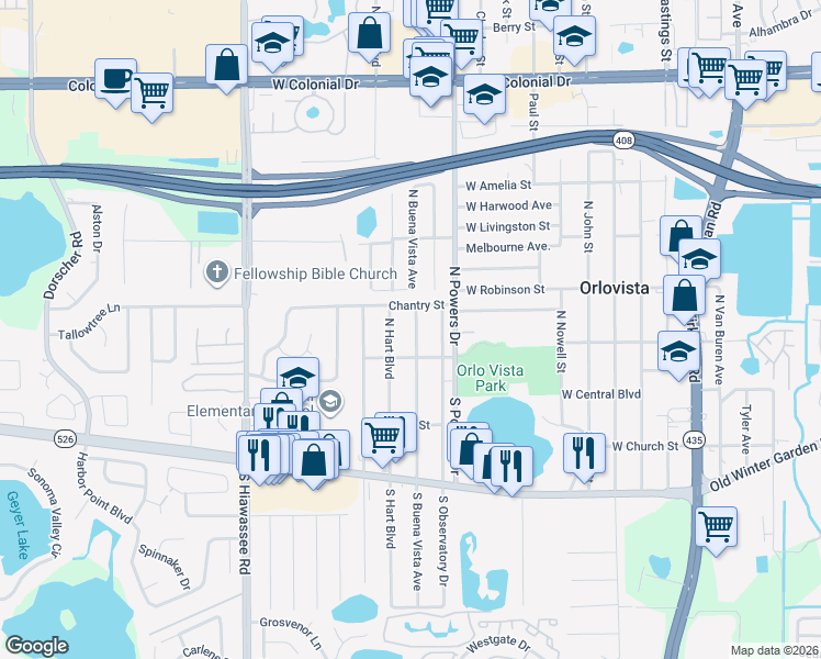 map of restaurants, bars, coffee shops, grocery stores, and more near 128 North Buena Vista Avenue in Orlando