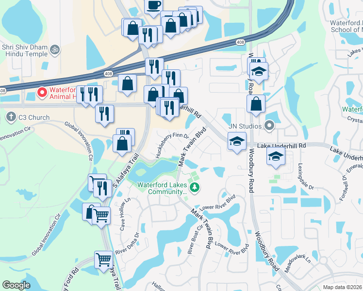map of restaurants, bars, coffee shops, grocery stores, and more near 256 Pap Finn Court in Orlando