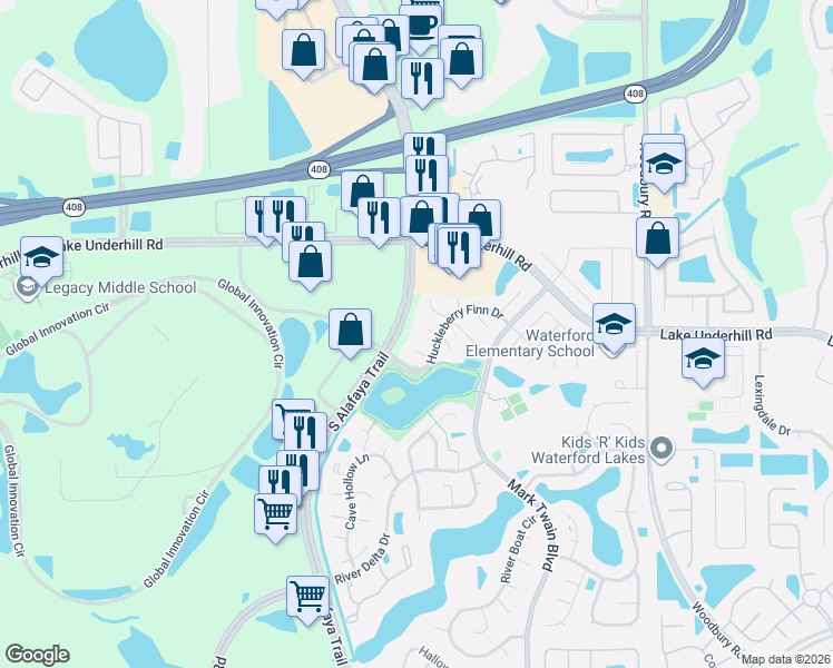 map of restaurants, bars, coffee shops, grocery stores, and more near 121 Becky Thatcher Court in Orlando