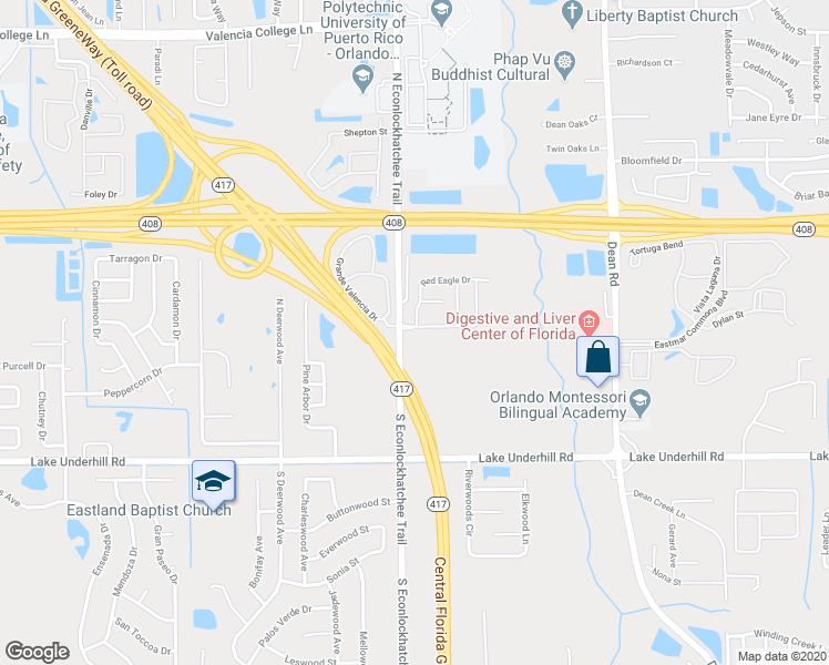 map of restaurants, bars, coffee shops, grocery stores, and more near 25 North Econlockhatchee Trail in Orlando