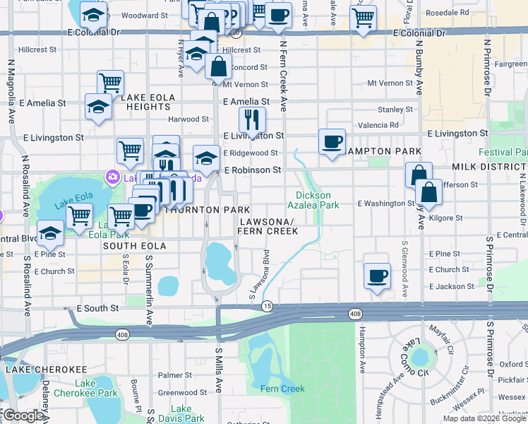 map of restaurants, bars, coffee shops, grocery stores, and more near in Orlando