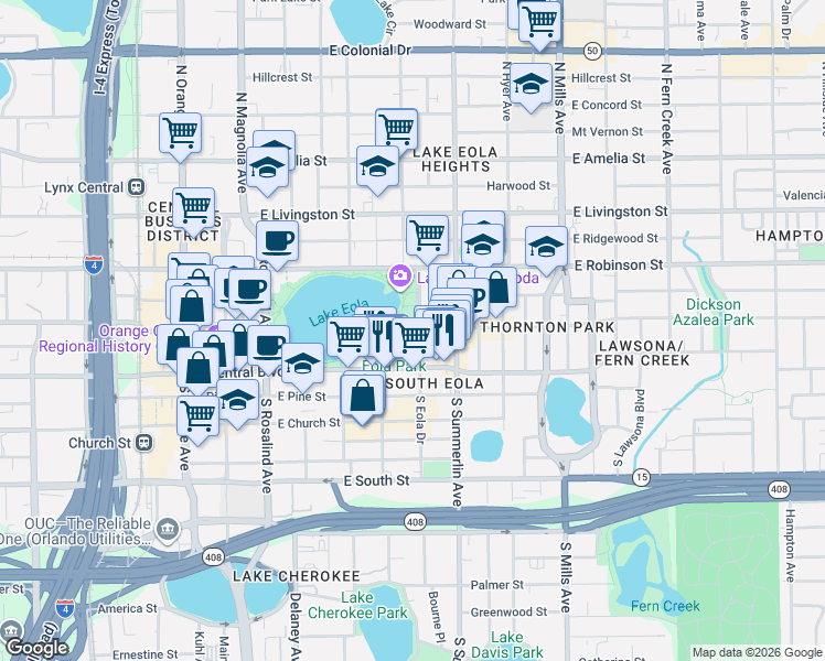 map of restaurants, bars, coffee shops, grocery stores, and more near in Orlando