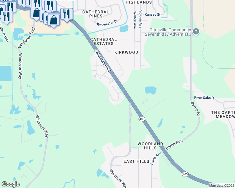 map of restaurants, bars, coffee shops, grocery stores, and more near 2605 Columbia Boulevard in Titusville