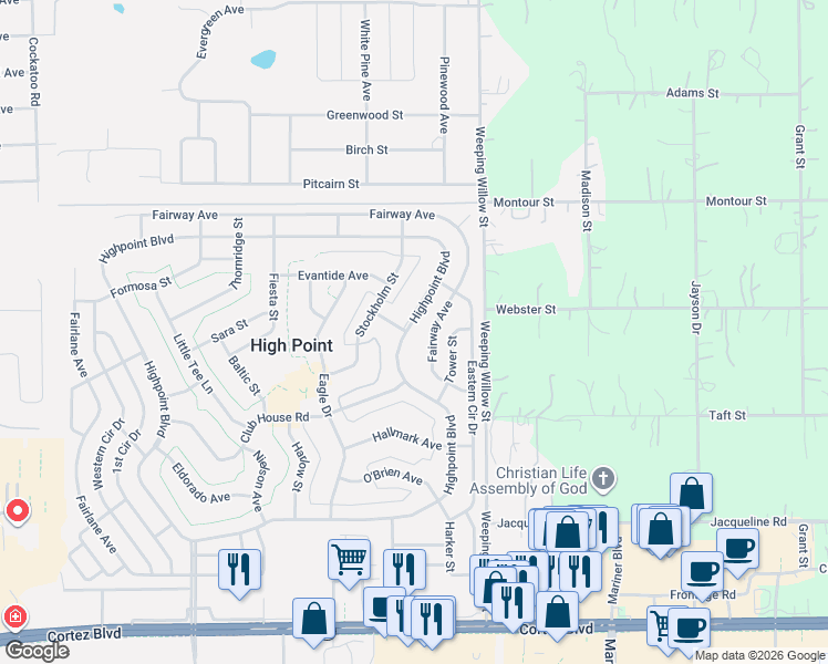 map of restaurants, bars, coffee shops, grocery stores, and more near 8769 Highpoint Boulevard in Brooksville