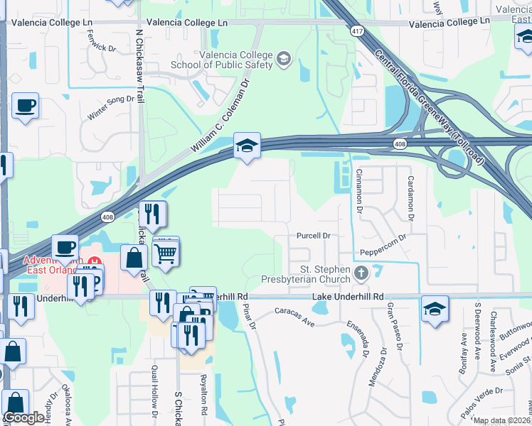 map of restaurants, bars, coffee shops, grocery stores, and more near 11 Okalpi Lane in Orlando
