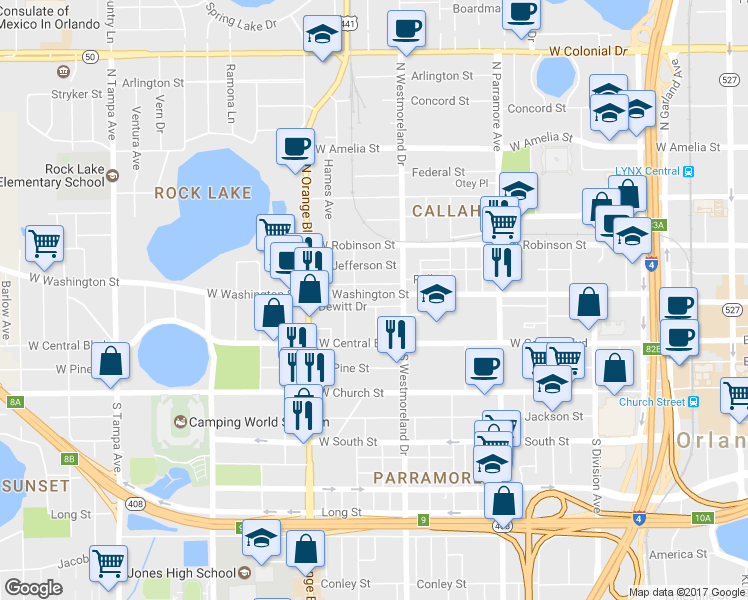 map of restaurants, bars, coffee shops, grocery stores, and more near 1103 Dewitt Drive in Orlando