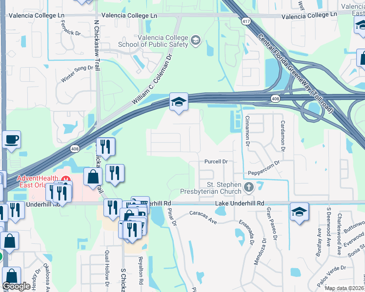 map of restaurants, bars, coffee shops, grocery stores, and more near 11 Okalpi Lane in Orlando