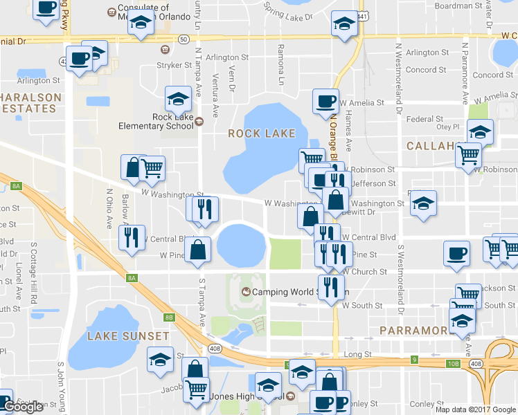 map of restaurants, bars, coffee shops, grocery stores, and more near 1606 West Washington Street in Orlando