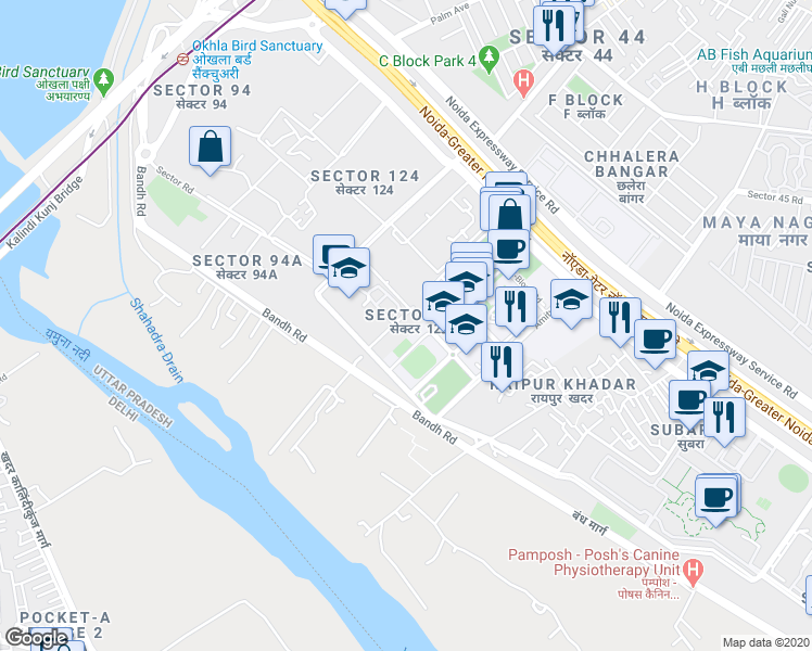 map of restaurants, bars, coffee shops, grocery stores, and more near in Noida