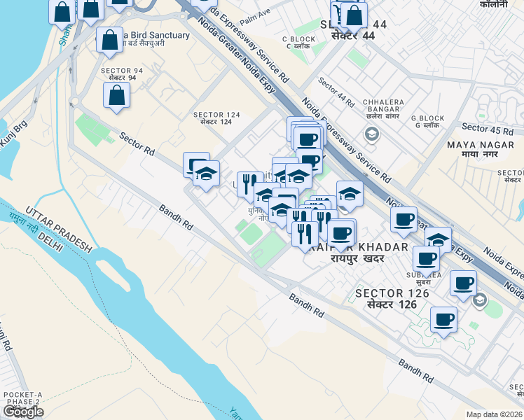 map of restaurants, bars, coffee shops, grocery stores, and more near in Noida