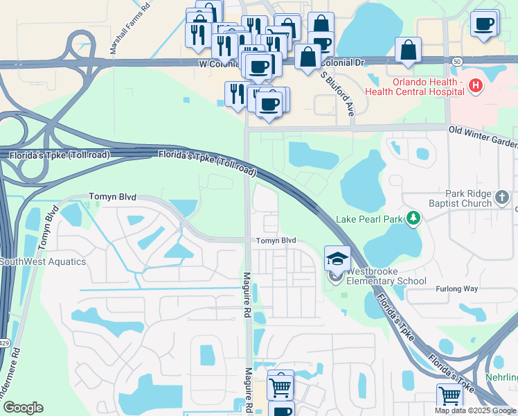 map of restaurants, bars, coffee shops, grocery stores, and more near 2560 Maguire Park Street in Ocoee