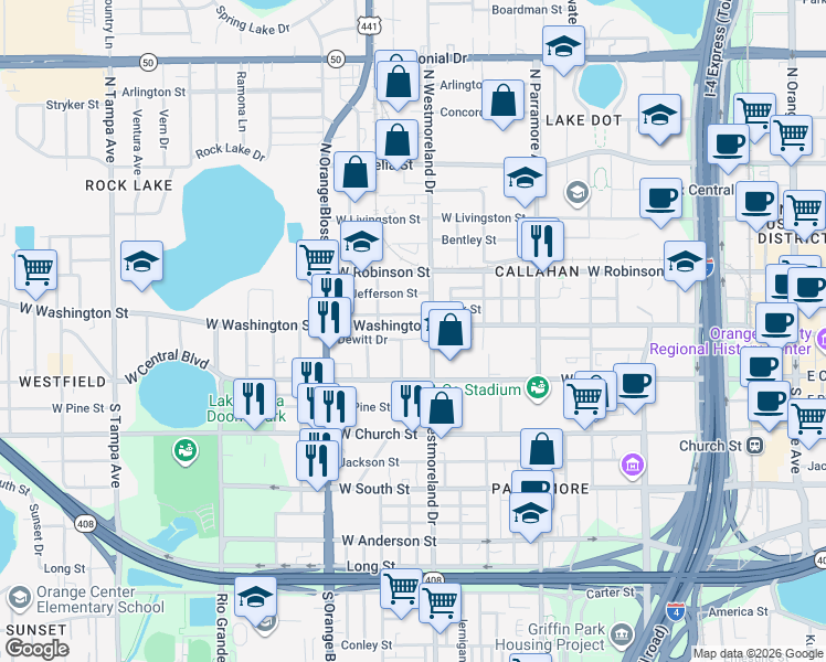 map of restaurants, bars, coffee shops, grocery stores, and more near 1103 Dewitt Drive in Orlando
