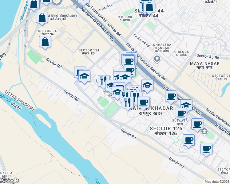 map of restaurants, bars, coffee shops, grocery stores, and more near Unnamed Road in Noida