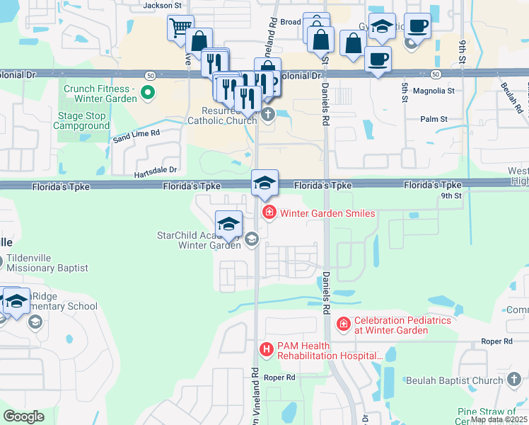 map of restaurants, bars, coffee shops, grocery stores, and more near 1291 Winter Garden Vineland Road in Winter Garden