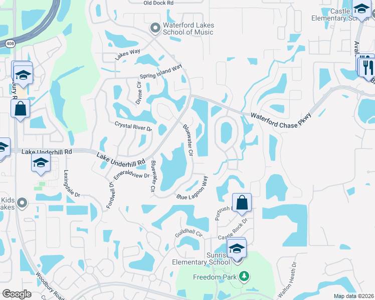 map of restaurants, bars, coffee shops, grocery stores, and more near 13901 Bluewater Circle in Orlando