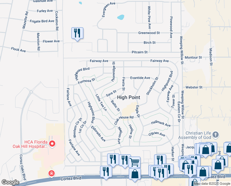 map of restaurants, bars, coffee shops, grocery stores, and more near 8125 Fiesta Street in Brooksville