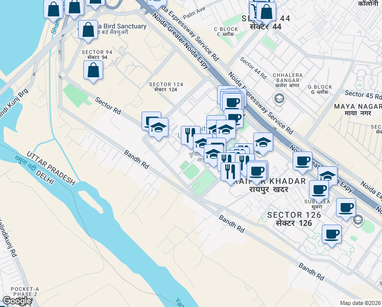 map of restaurants, bars, coffee shops, grocery stores, and more near Raipur Marg in Noida